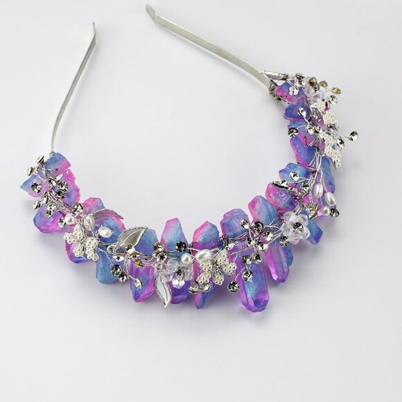 Raw Crystal Headband with Pearl Flowers, Quartz Rhinestone Bridal Tiara Crown He - Picture 3 of 6